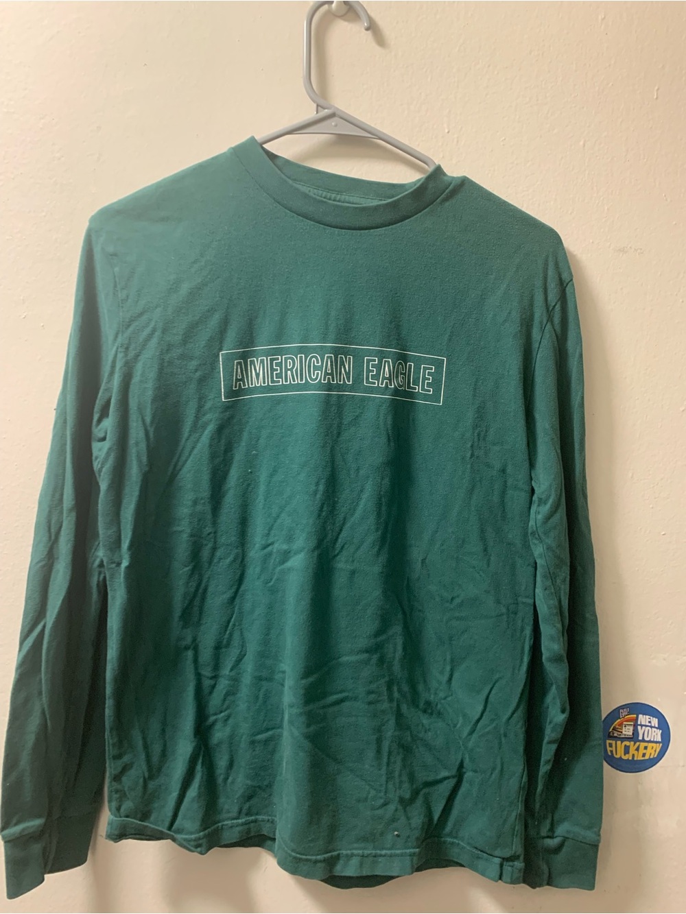 American Eagle Outfitters Long-Sleeve Crewneck Tee - Teal Green with White Logo